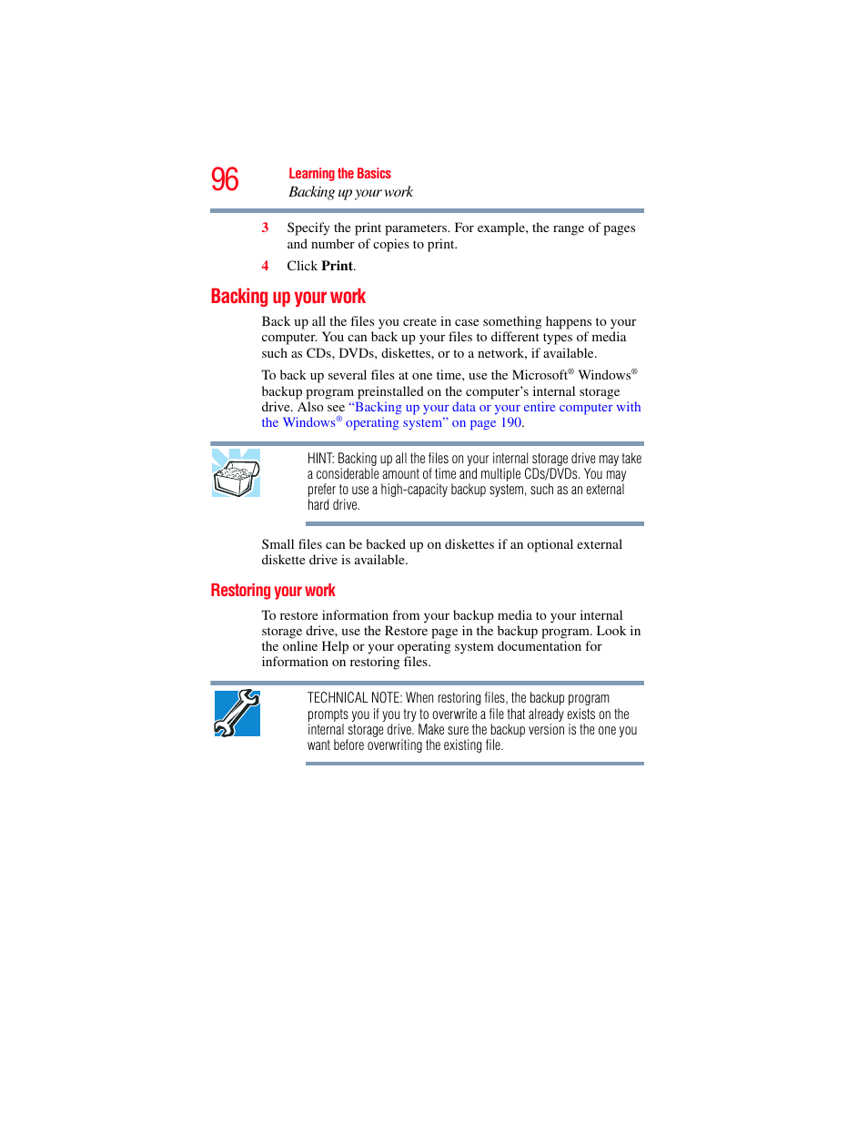 Backing up your work, Restoring your work | Toshiba SATELLITE M300 User Manual | Page 96 / 232