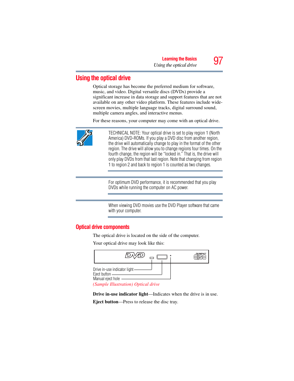 Using the optical drive, Optical drive components | Toshiba SATELLITE M300 User Manual | Page 97 / 232