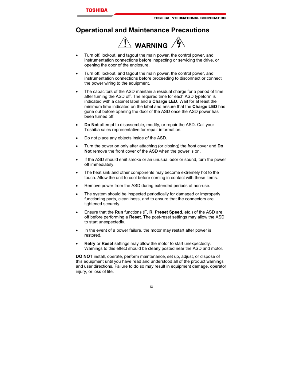 Operational and maintenance precautions warning | Toshiba T300MVi User Manual | Page 10 / 69