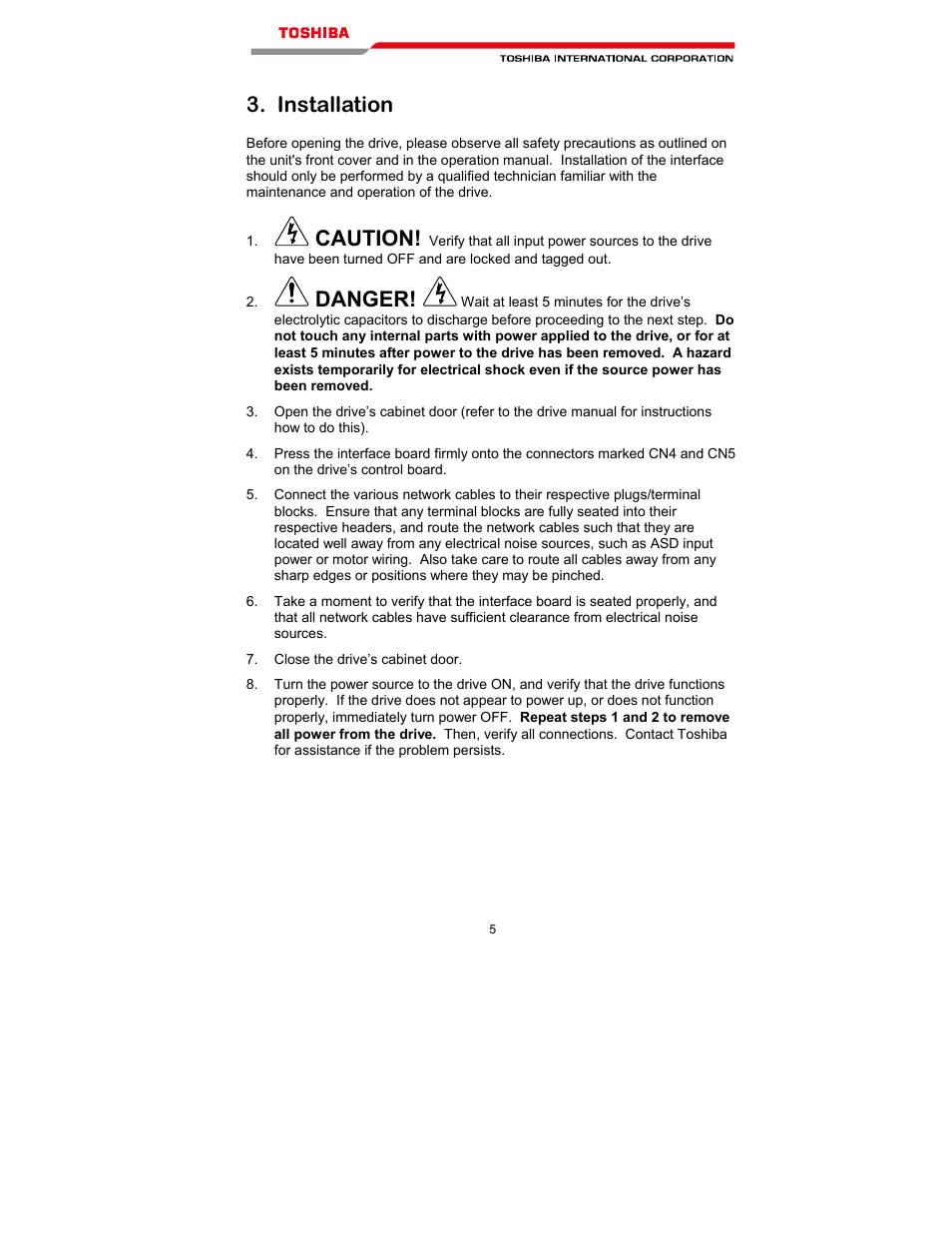Installation, Caution, Danger | Toshiba T300MVi User Manual | Page 18 / 69