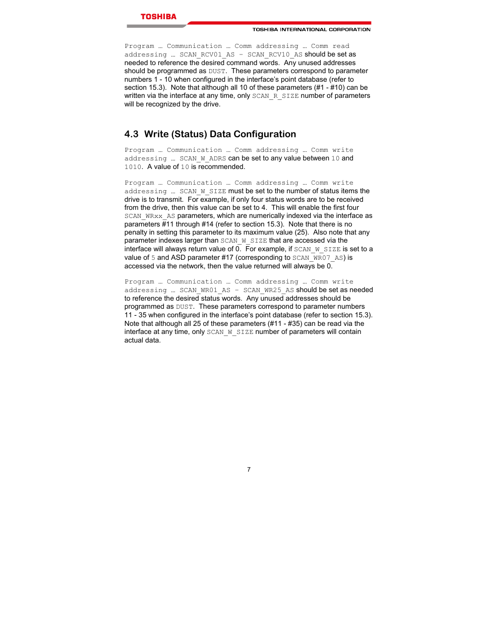 3 write (status) data configuration | Toshiba T300MVi User Manual | Page 20 / 69