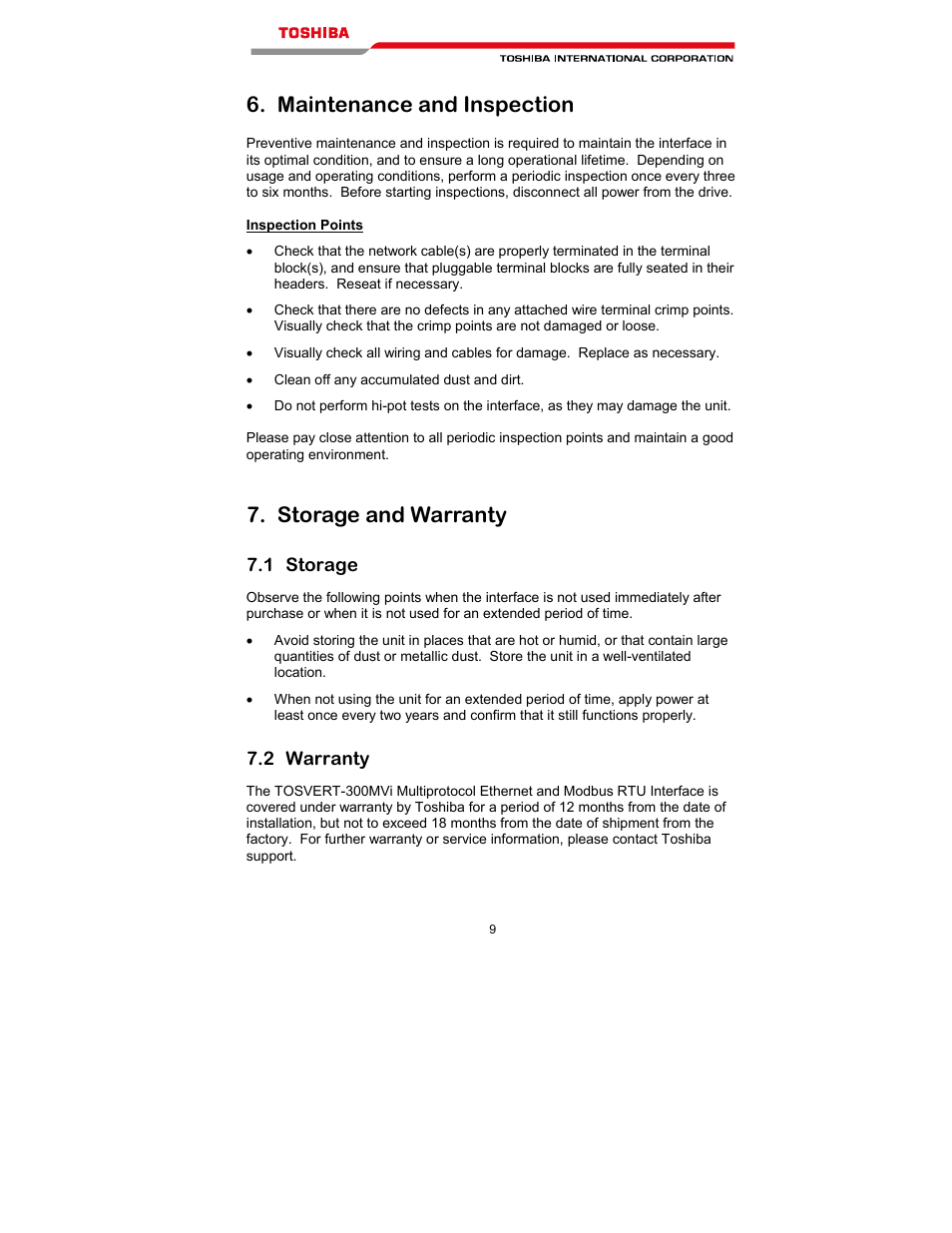 Maintenance and inspection, Storage and warranty | Toshiba T300MVi User Manual | Page 22 / 69