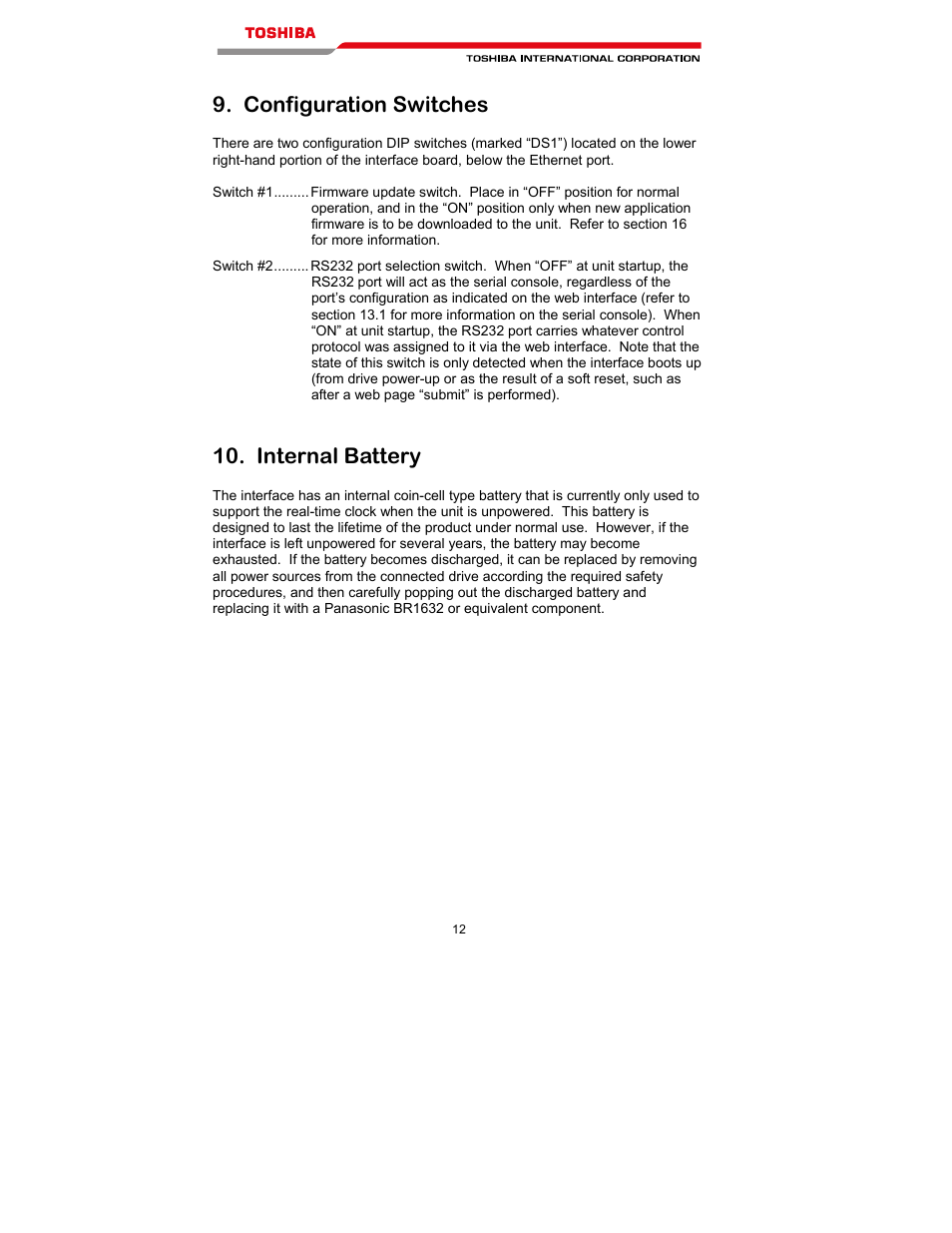 Configuration switches, Internal battery | Toshiba T300MVi User Manual | Page 25 / 69