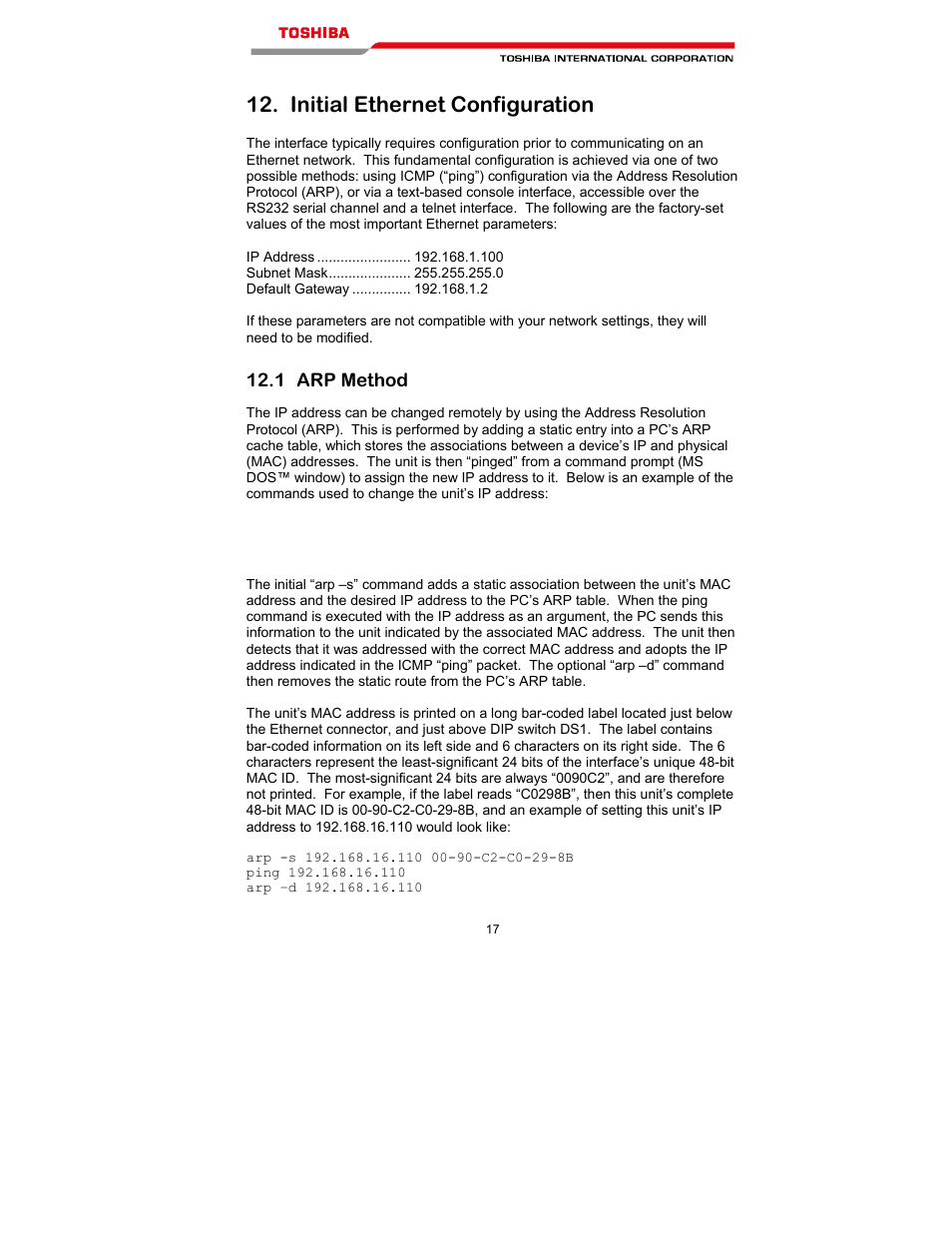 Initial ethernet configuration | Toshiba T300MVi User Manual | Page 30 / 69