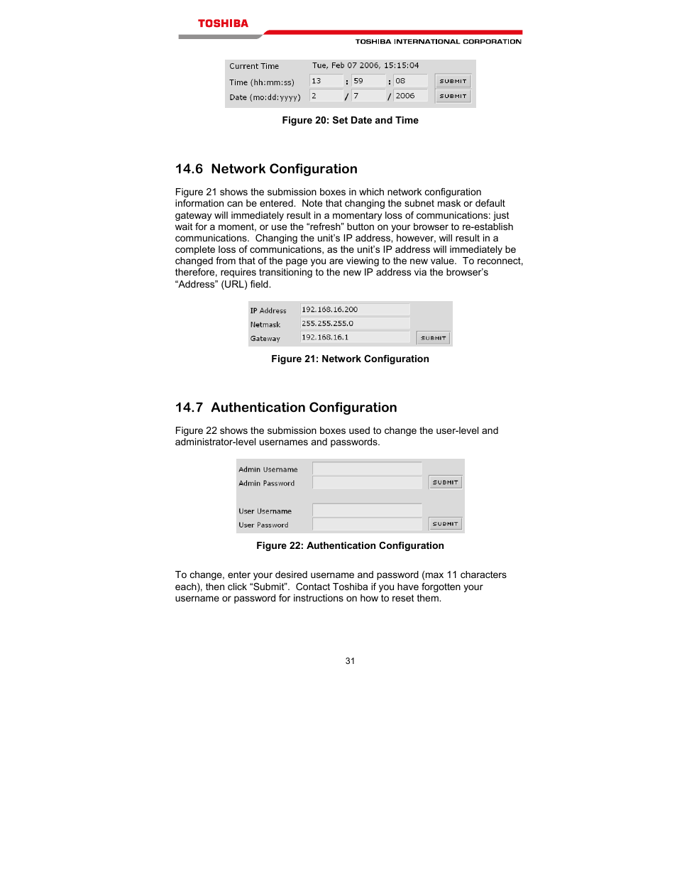 6 network configuration, 7 authentication configuration | Toshiba T300MVi User Manual | Page 44 / 69