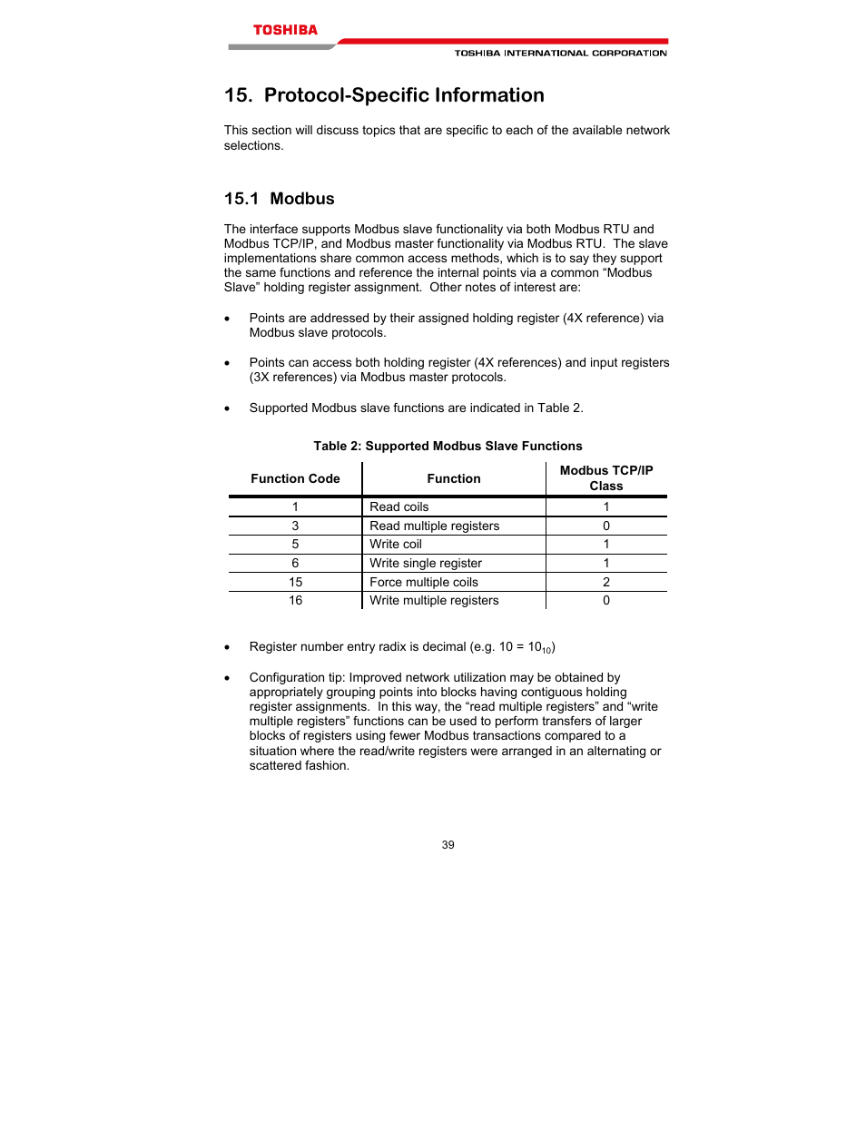 Protocol-specific information, 1 modbus | Toshiba T300MVi User Manual | Page 52 / 69