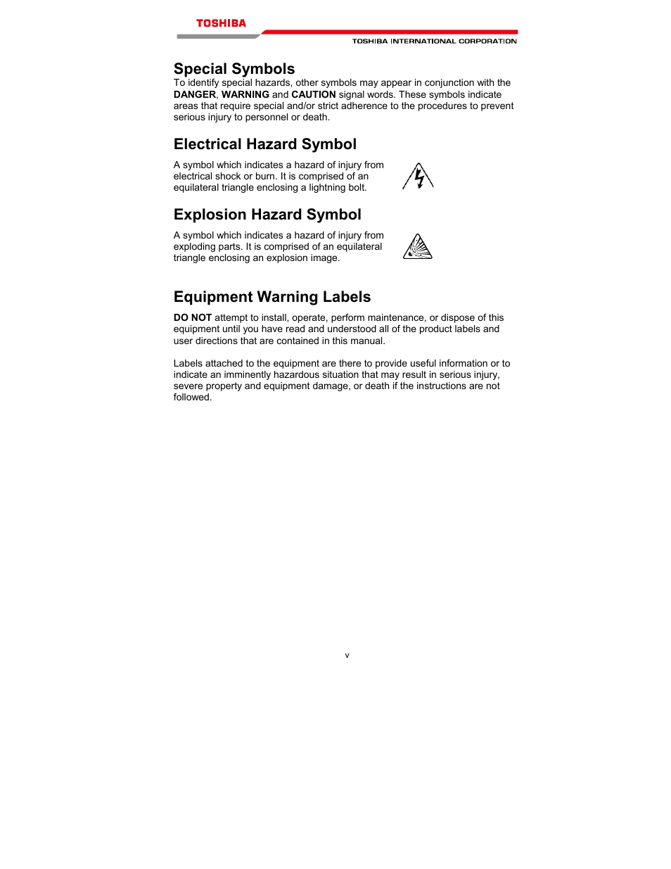 Special symbols, Electrical hazard symbol, Explosion hazard symbol | Equipment warning labels | Toshiba T300MVi User Manual | Page 6 / 69