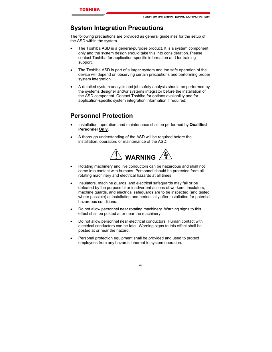 System integration precautions, Personnel protection, Warning | Toshiba T300MVi User Manual | Page 8 / 69
