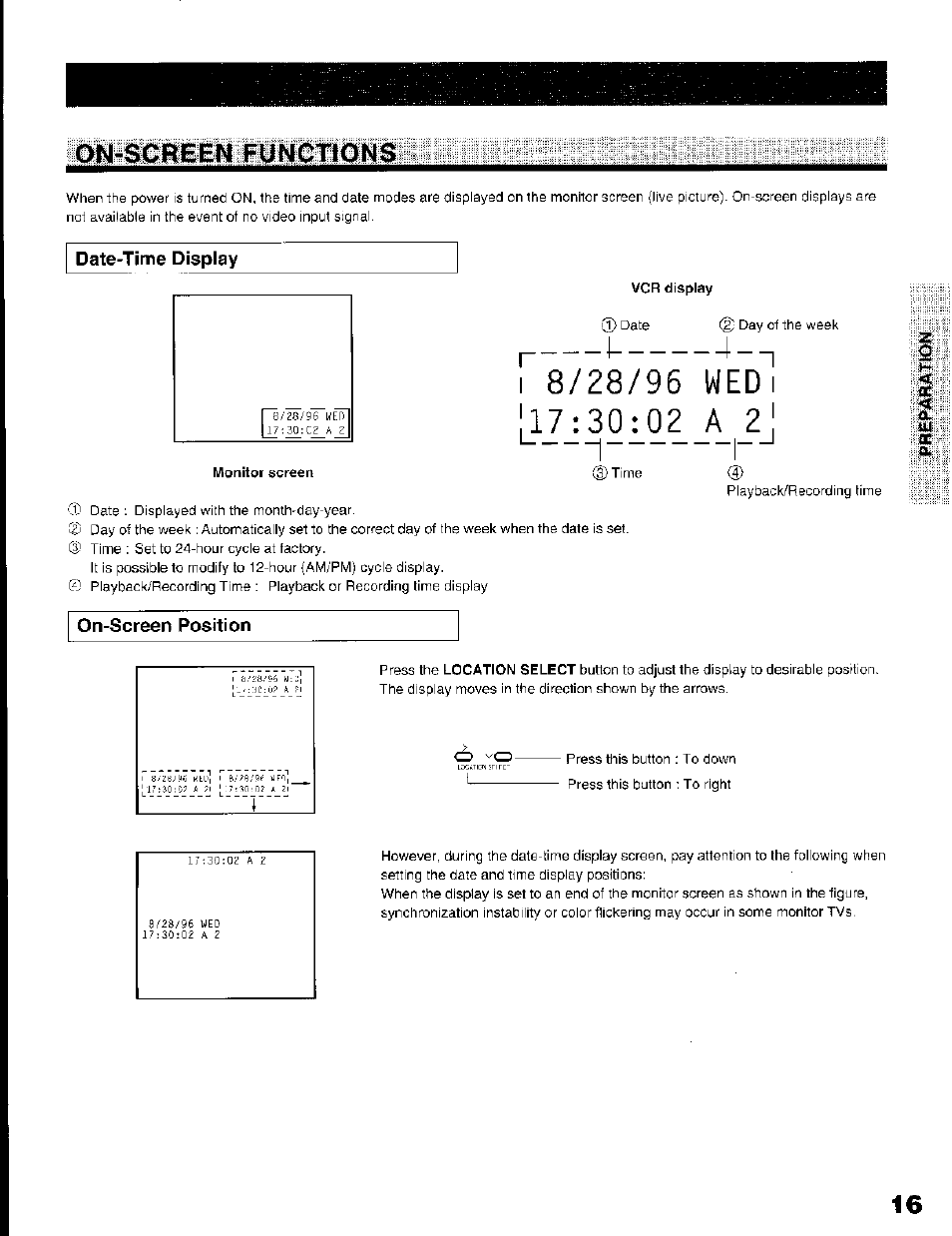 Date-time display, Vcr display, On-screen position | Toshiba KV-7168A User Manual | Page 16 / 50
