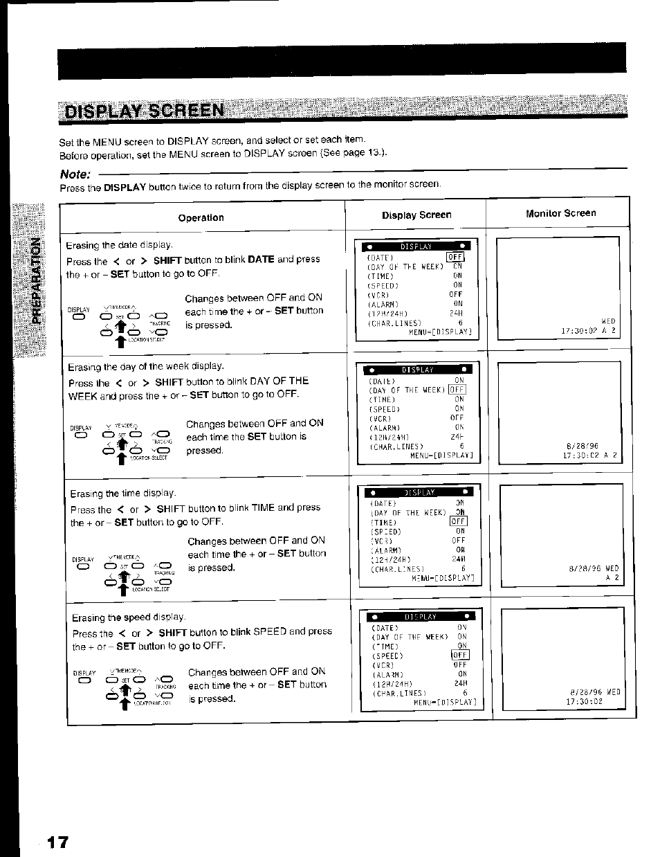 Note, Display screen | Toshiba KV-7168A User Manual | Page 17 / 50