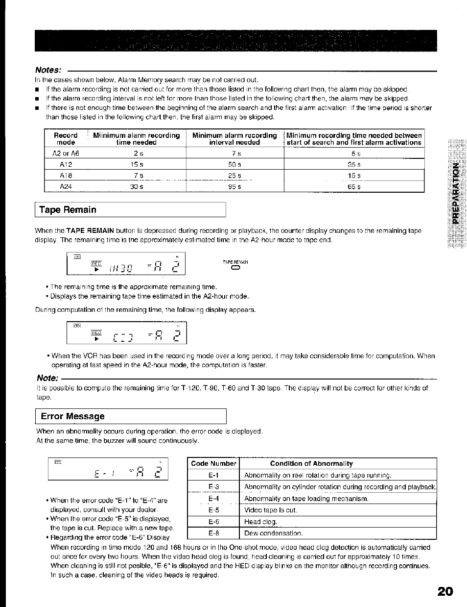 Notes, Tape remain, Note | Error message | Toshiba KV-7168A User Manual | Page 20 / 50