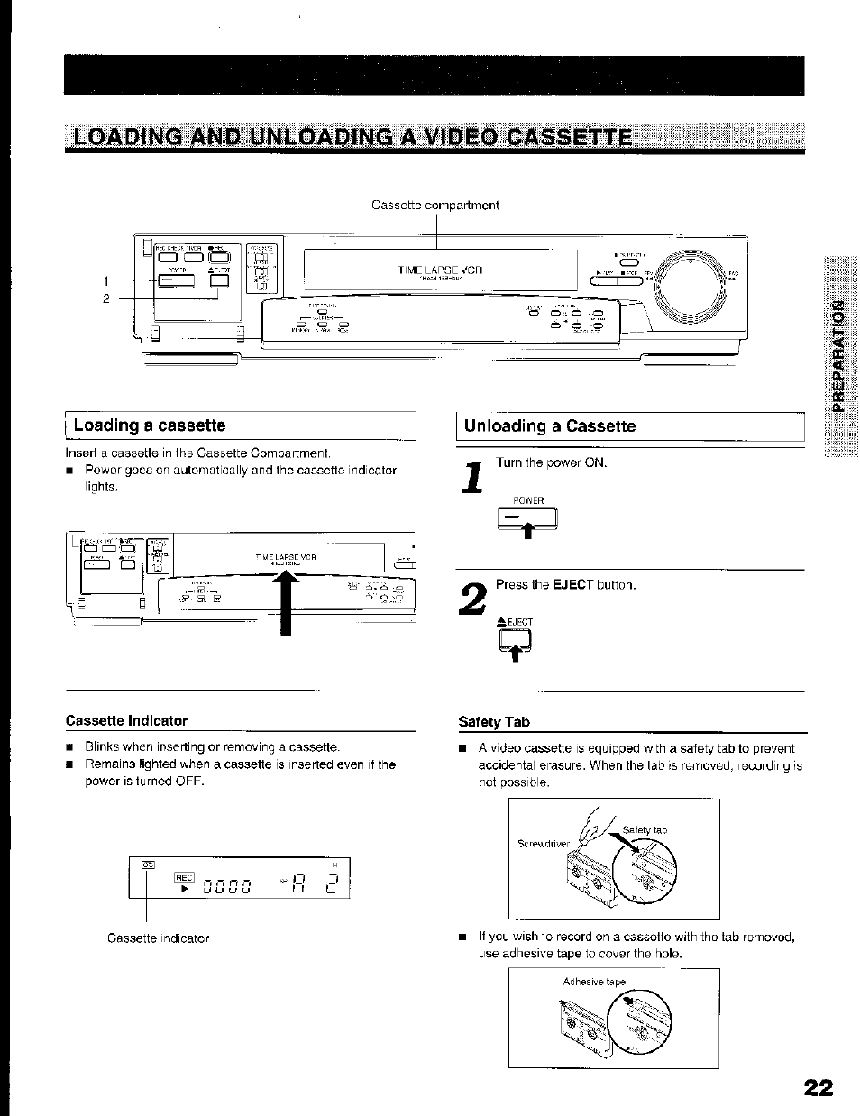 I loading a cassette, Cassette indicator, Unloading a cassette | Toshiba KV-7168A User Manual | Page 22 / 50