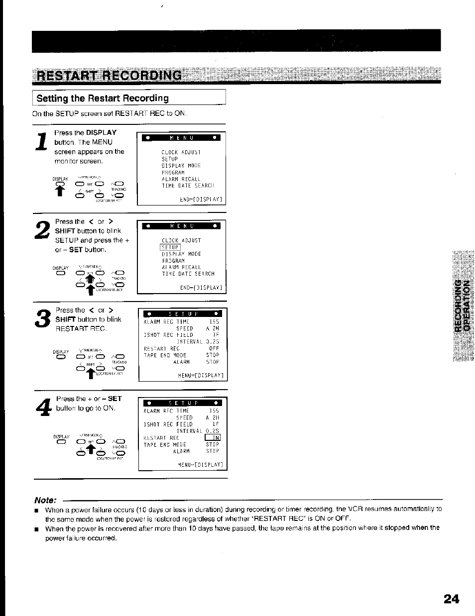 Setting the restart recording, Note, Restart recording | Toshiba KV-7168A User Manual | Page 24 / 50
