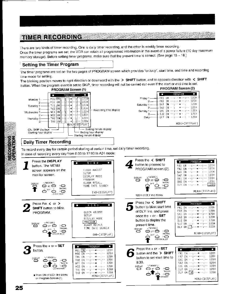 Setting the timer program, Program screen (2), Daily timer recording | Toshiba KV-7168A User Manual | Page 25 / 50