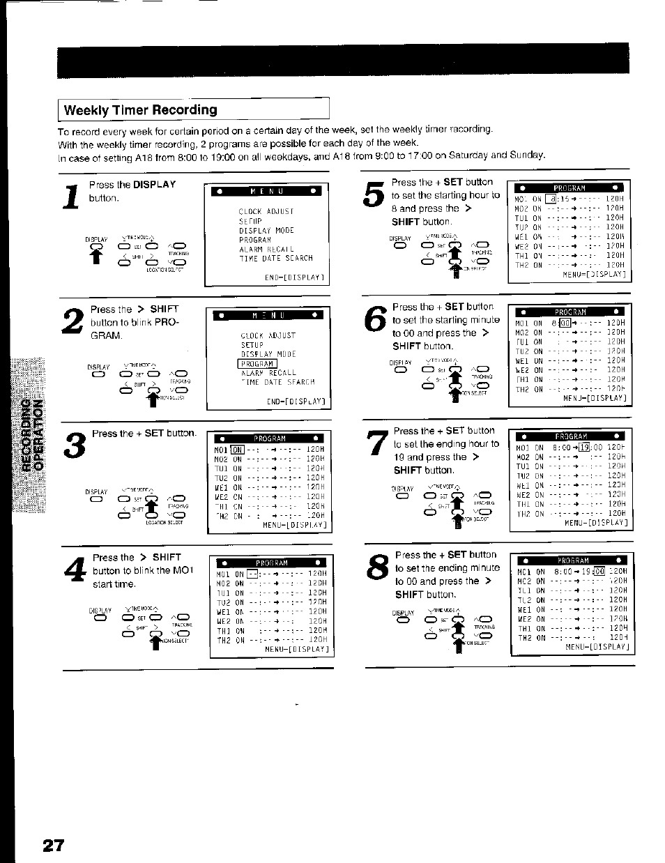 Weekly timer recording | Toshiba KV-7168A User Manual | Page 27 / 50
