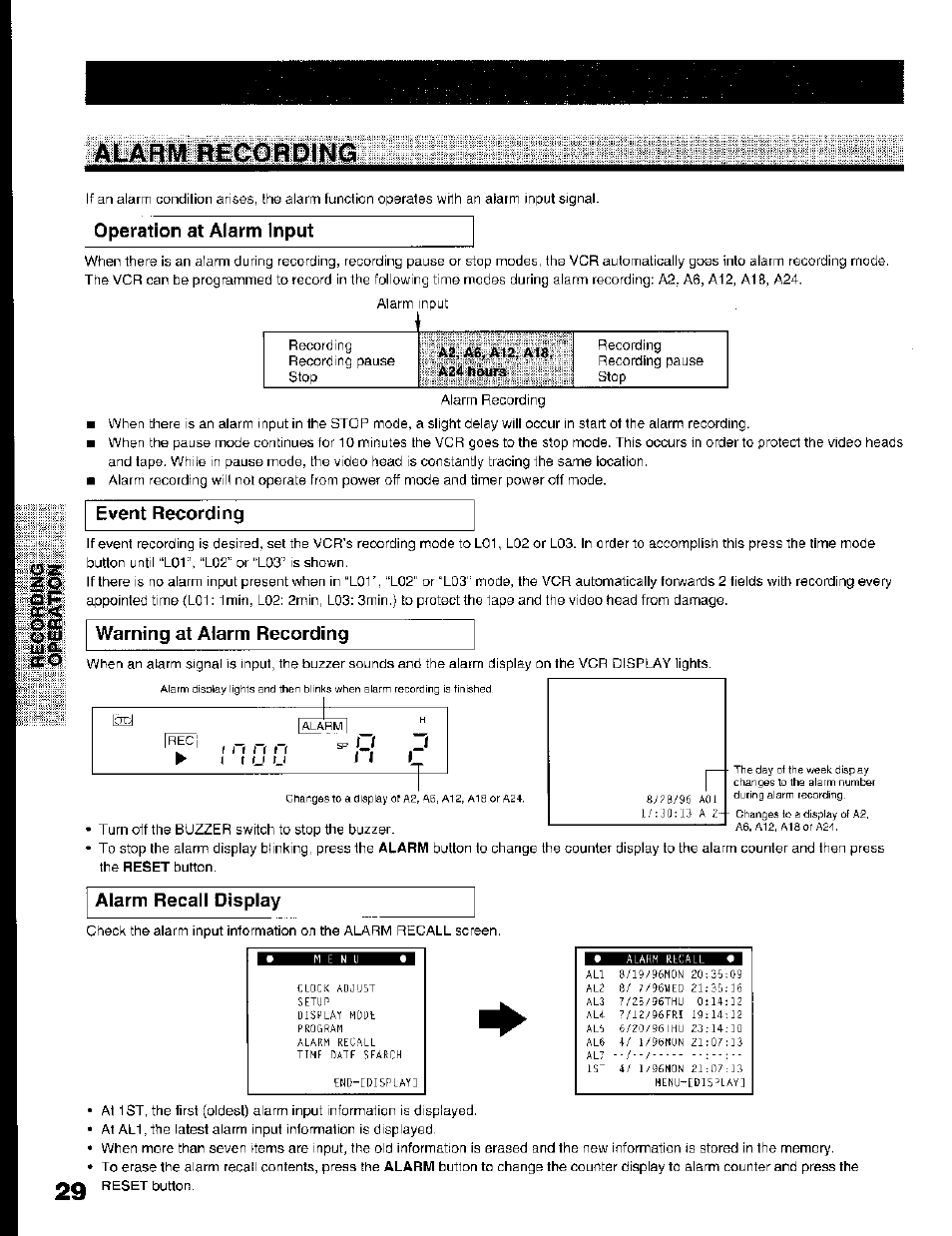Operation at alarm input, Event recording, Warning at alarm recording | Alarm recall display, Alarm recording | Toshiba KV-7168A User Manual | Page 29 / 50