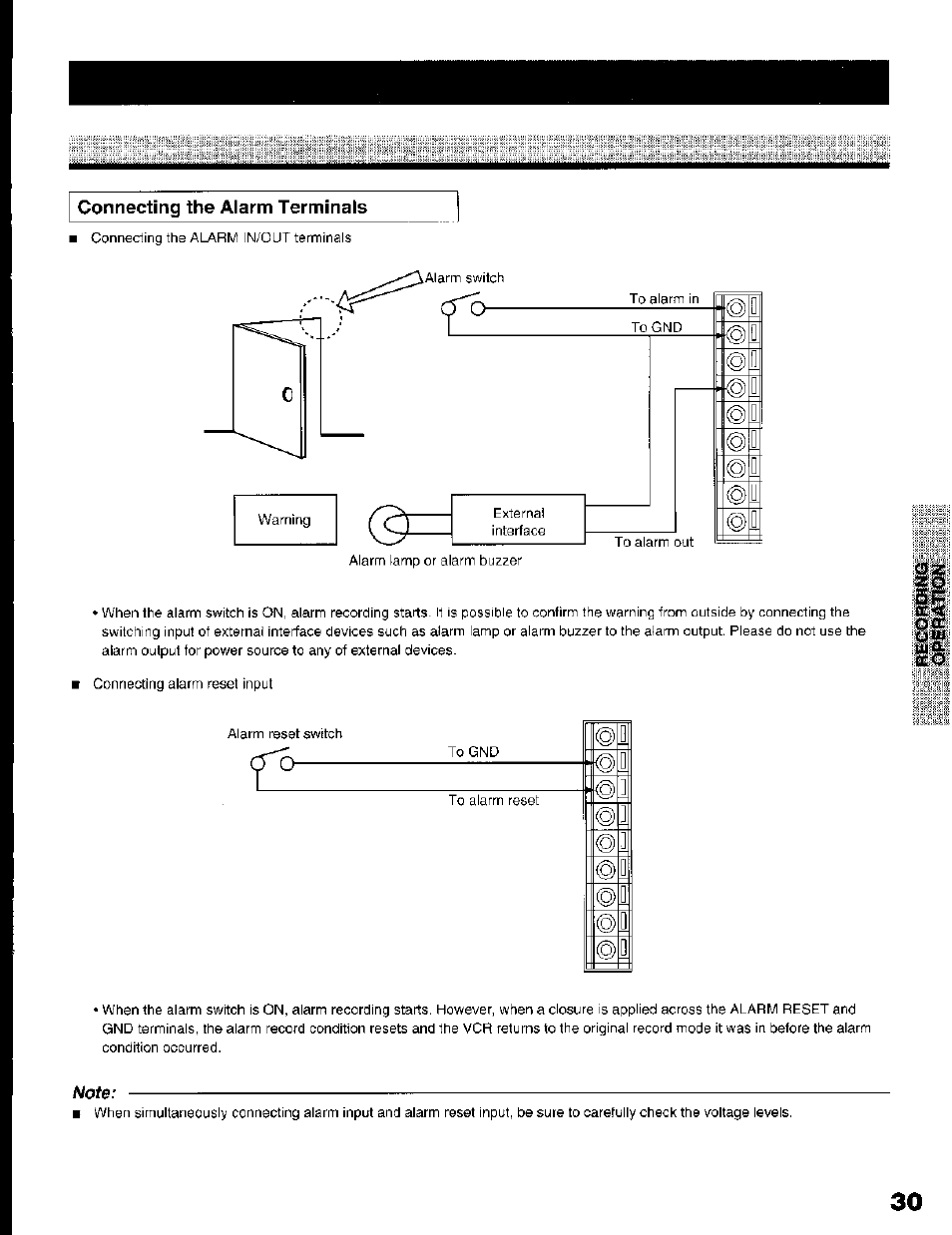 Connecting the alarm terminals, Note | Toshiba KV-7168A User Manual | Page 30 / 50