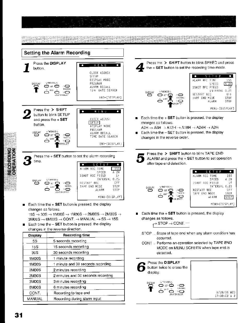 Setting the alarm recording | Toshiba KV-7168A User Manual | Page 31 / 50