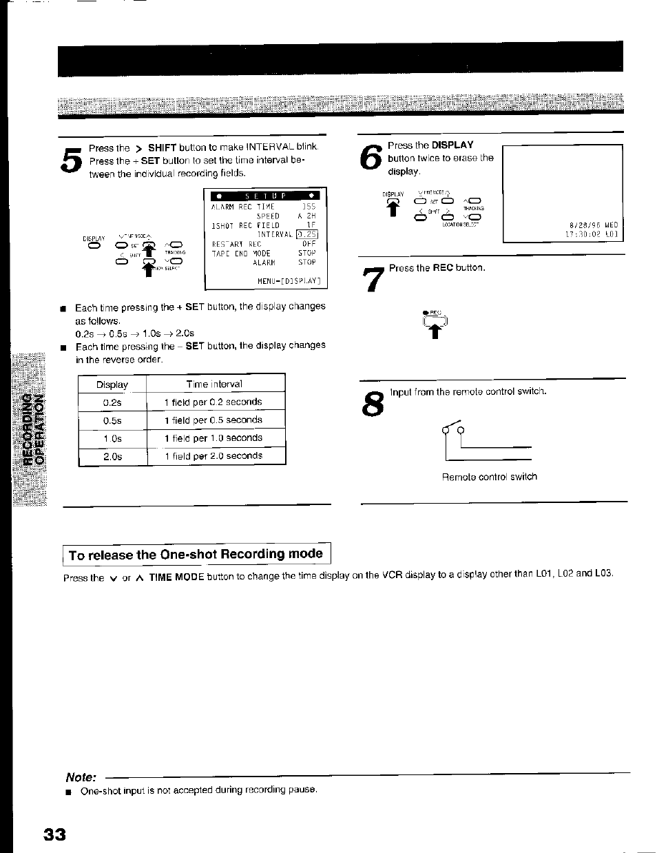 To release the one-shot recording mode, Note | Toshiba KV-7168A User Manual | Page 33 / 50