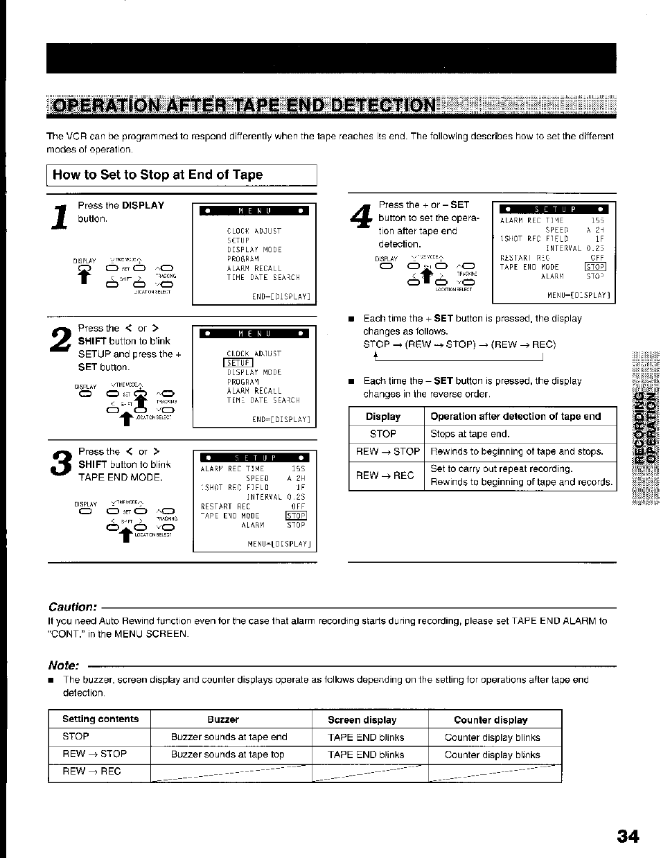 How to set to stop at end of tape, Caution, Note | Qperatidn afteft tape end detection | Toshiba KV-7168A User Manual | Page 34 / 50