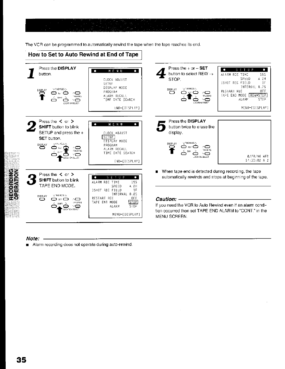 How to set to auto rewind at end of tape, Ißßö, Caution | Note | Toshiba KV-7168A User Manual | Page 35 / 50