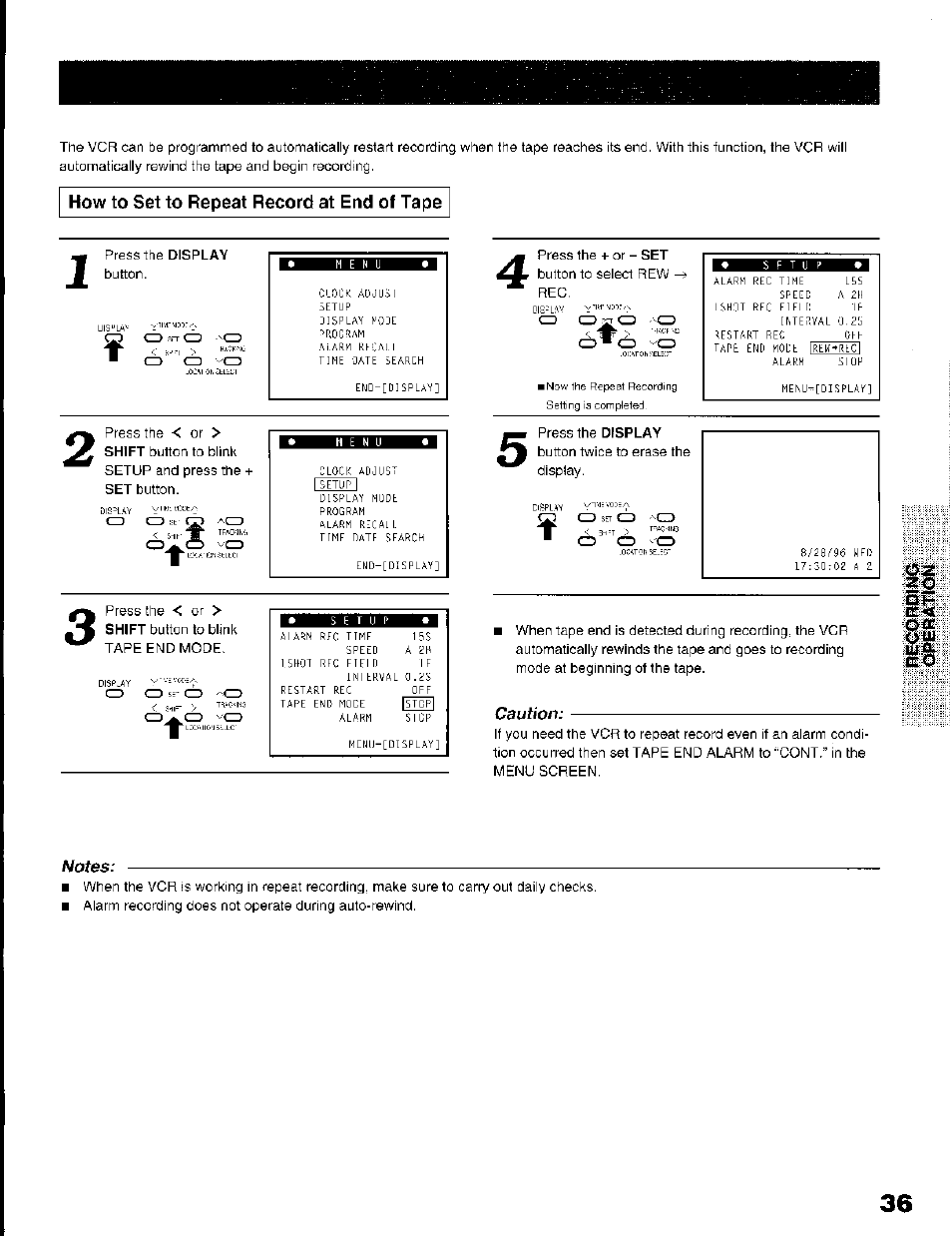 How to set to repeat record at end of tape, Caution | Toshiba KV-7168A User Manual | Page 36 / 50