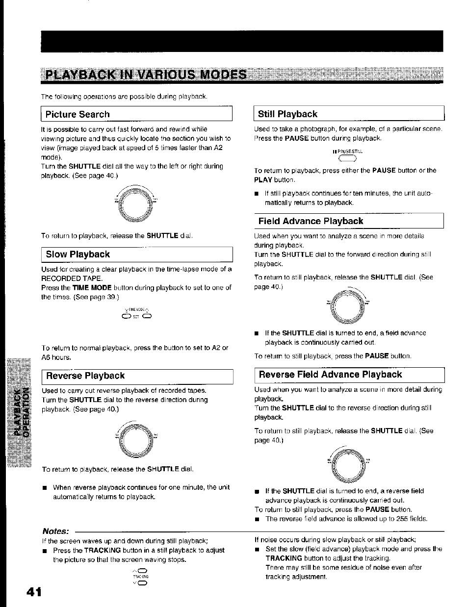 Picture search, Slow playback, Reverse playback | Still playback, Field advance playback, Reverse field advance playback, Notes, Ptaybaokln various mopes | Toshiba KV-7168A User Manual | Page 41 / 50