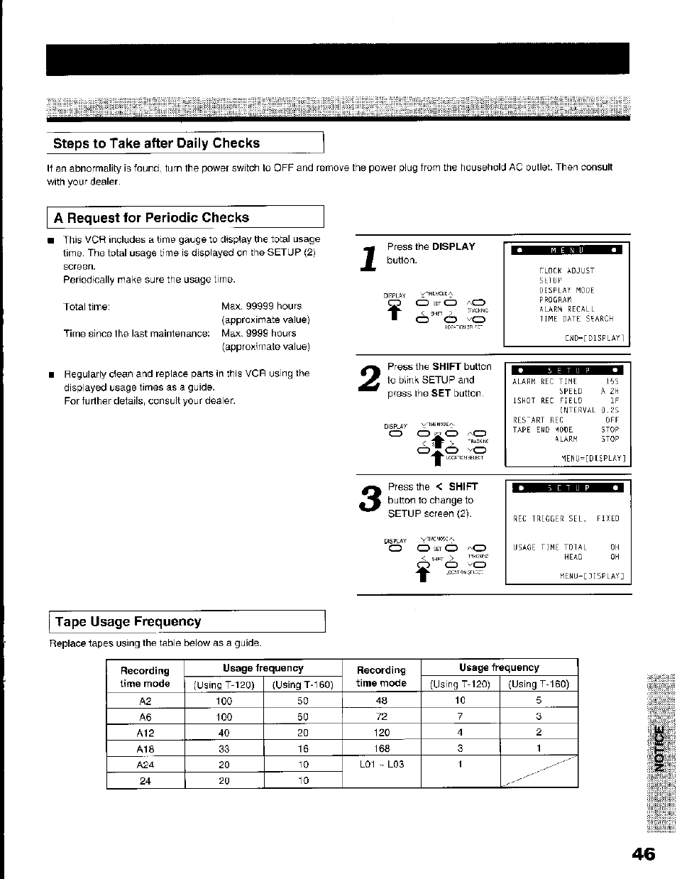 Steps to take after daily checks, A request for periodic checks, Tape usage frequency | Toshiba KV-7168A User Manual | Page 46 / 50