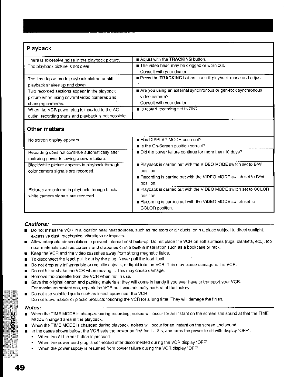 Cautions, Notes, Playback | Other matters | Toshiba KV-7168A User Manual | Page 49 / 50
