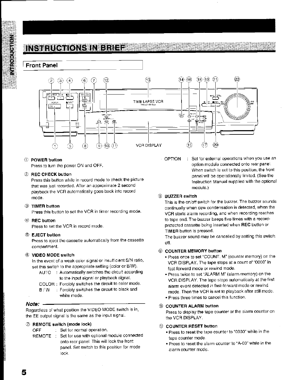 Front panel, Power button, Rec check button | Timer button, Eject button, Video mode switch, Note, Counter alarm button, Counter reset button | Toshiba KV-7168A User Manual | Page 5 / 50