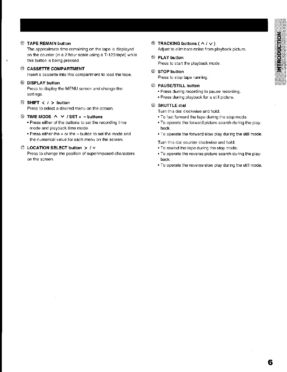 Tape remain button, Cassette compartment, Display button | Shift < ! > button, Time mode a v /set+ - buttons, Tracking buttons ( a / v ), Play button, Stop button, Pause/still button, Shuttle dial | Toshiba KV-7168A User Manual | Page 6 / 50