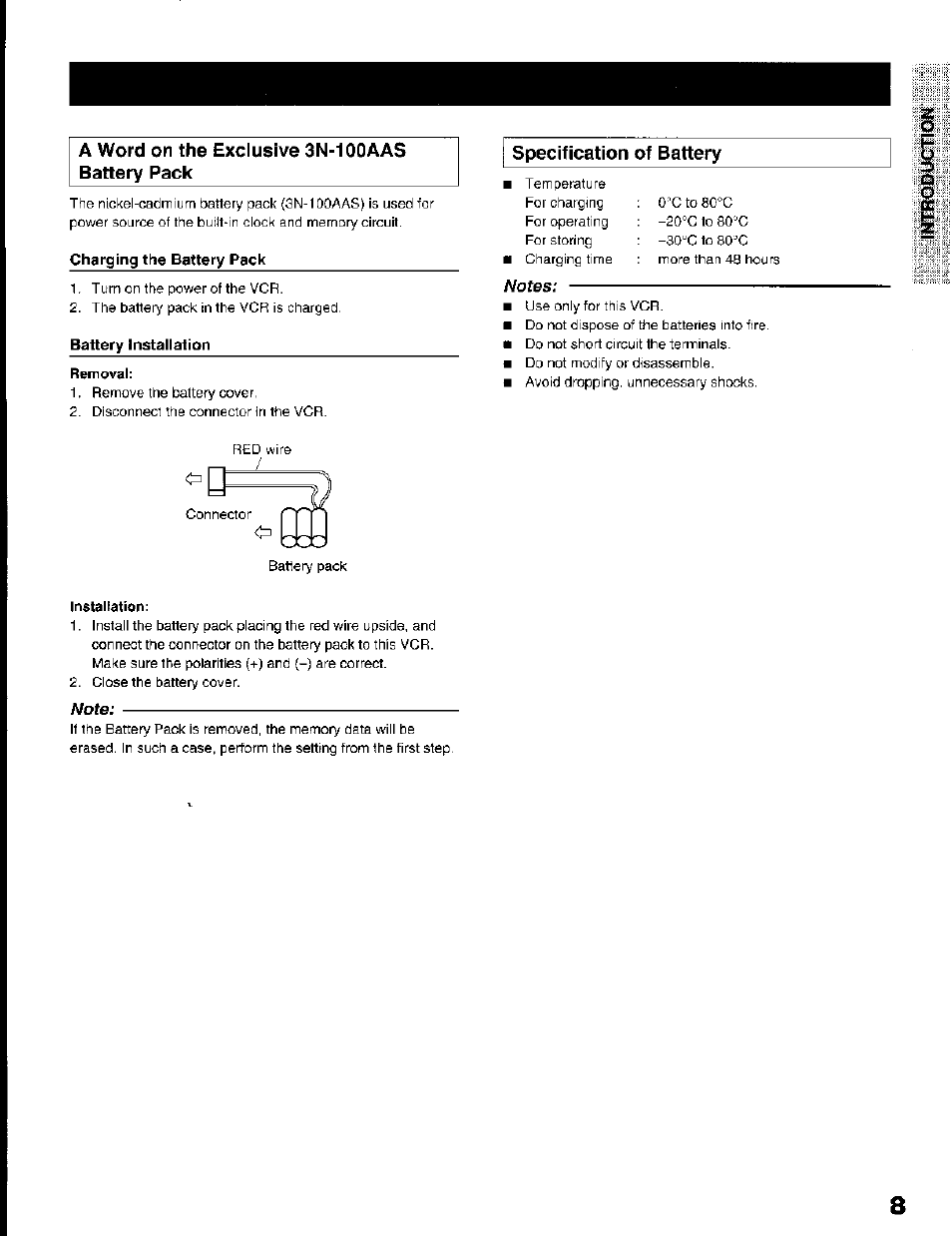 Charging the battery pack, Battery installation, Removal | Notes, Installation, Note | Toshiba KV-7168A User Manual | Page 8 / 50