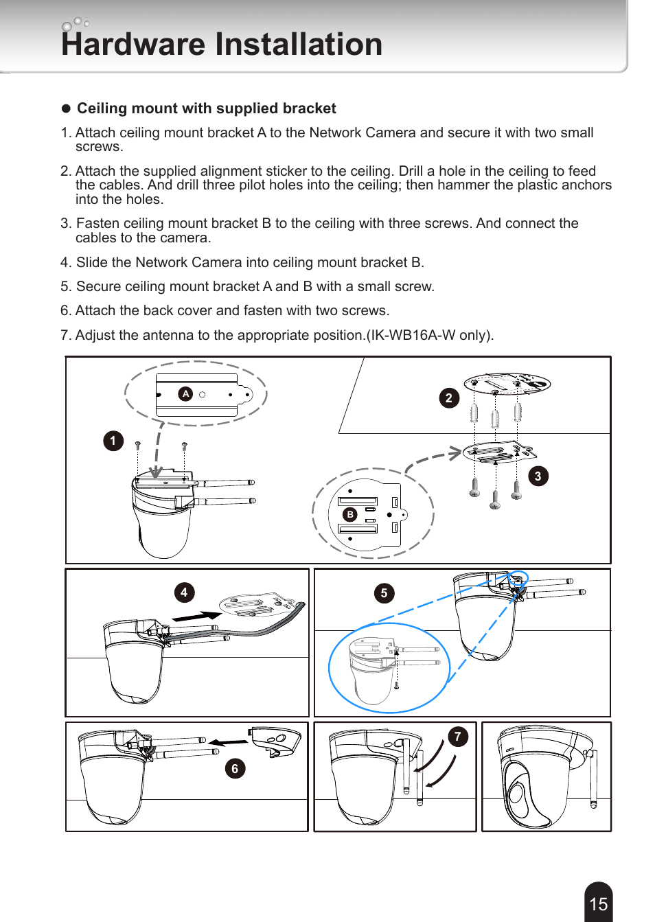 Hardware installation, Lceiling mount with supplied bracket | Toshiba IK-WB16A-W User Manual | Page 15 / 24