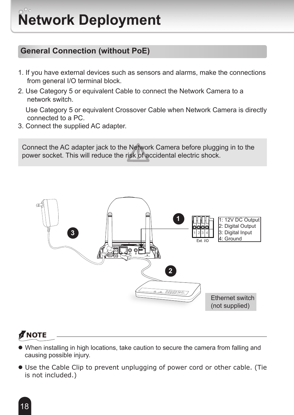Network deployment, General connection (without poe), Ethernet switch (not supplied) | Toshiba IK-WB16A-W User Manual | Page 18 / 24