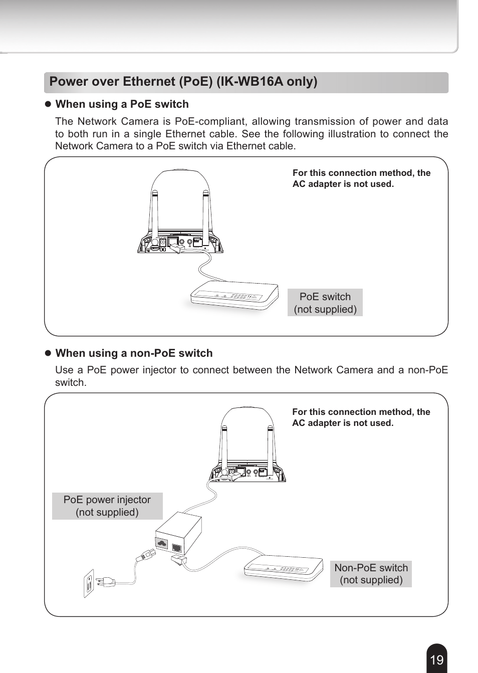 Power over ethernet (poe) (ik-wb16a only), When using a non-poe switch, When using a poe switch | Toshiba IK-WB16A-W User Manual | Page 19 / 24
