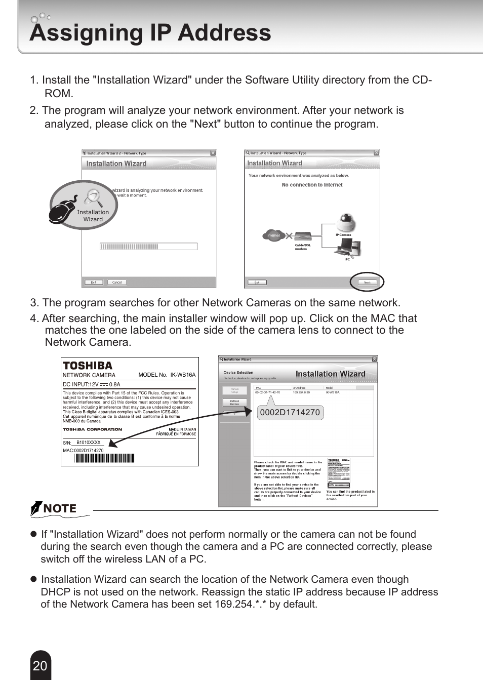 Assigning ip address | Toshiba IK-WB16A-W User Manual | Page 20 / 24