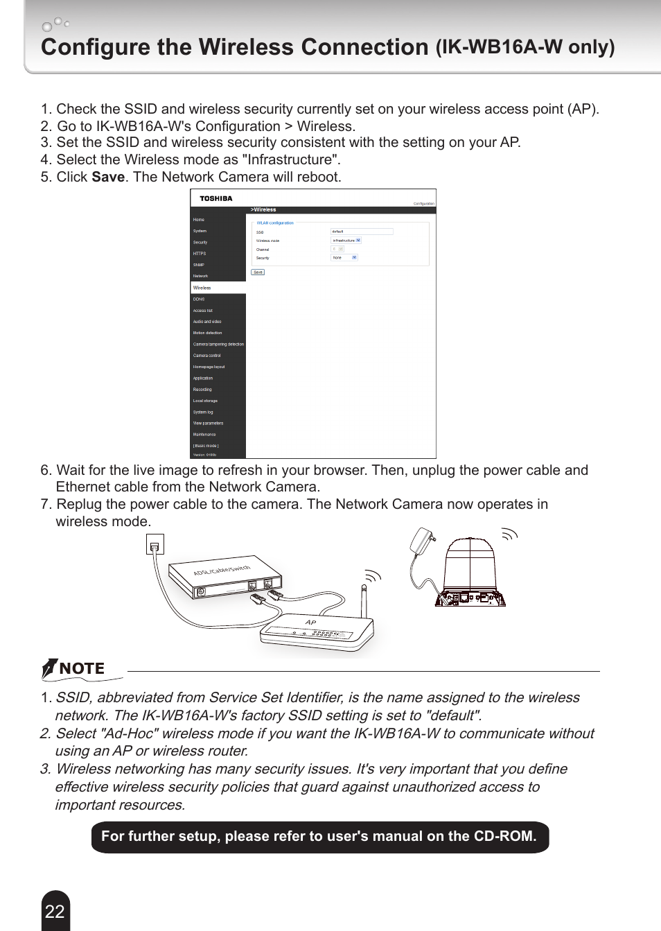 Configure the wireless connection, Ik-wb16a-w only) | Toshiba IK-WB16A-W User Manual | Page 22 / 24