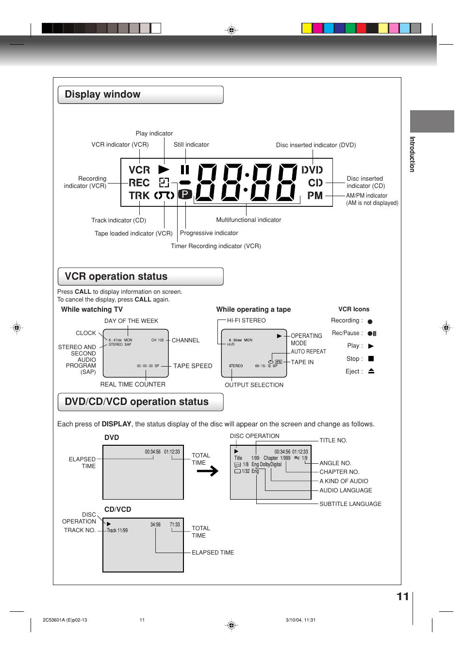 Vcr operation status, Dvd/cd/vcd operation status display window | Toshiba SD-V396SU User Manual | Page 11 / 80