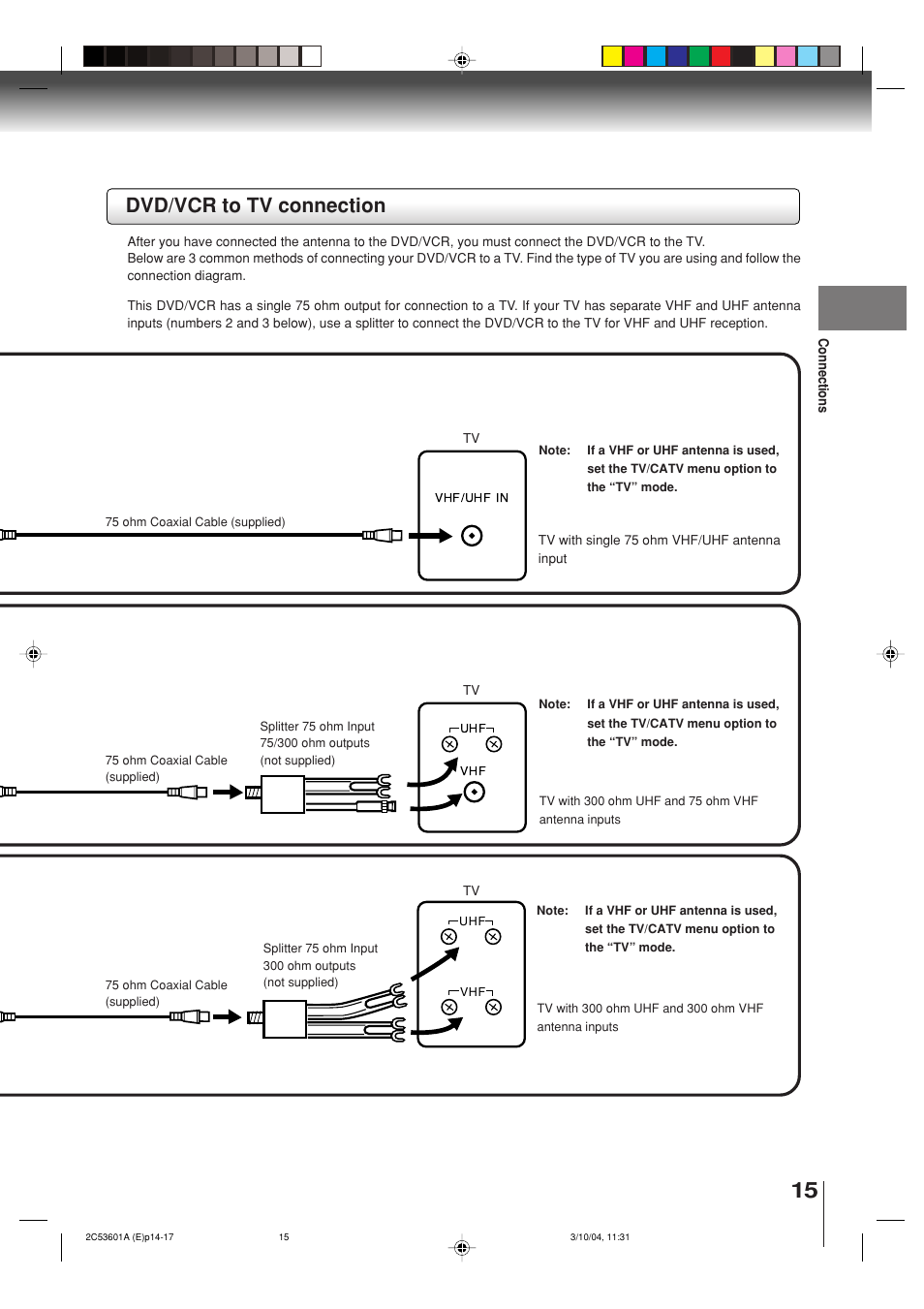 Dvd/vcr to tv connection | Toshiba SD-V396SU User Manual | Page 15 / 80