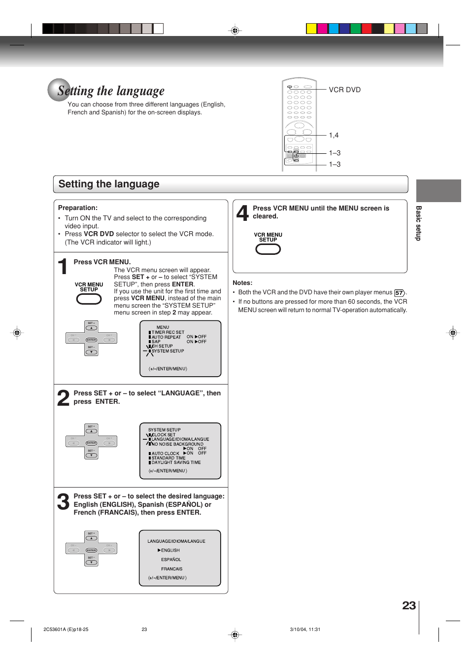 Setting the language | Toshiba SD-V396SU User Manual | Page 23 / 80