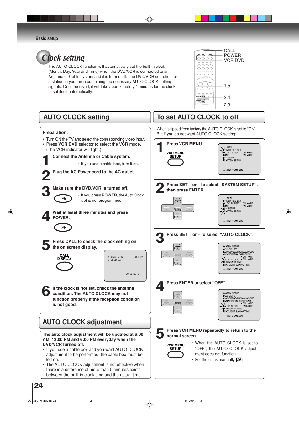 Clock setting, Auto clock setting, Auto clock adjustment to set auto clock to off | Toshiba SD-V396SU User Manual | Page 24 / 80