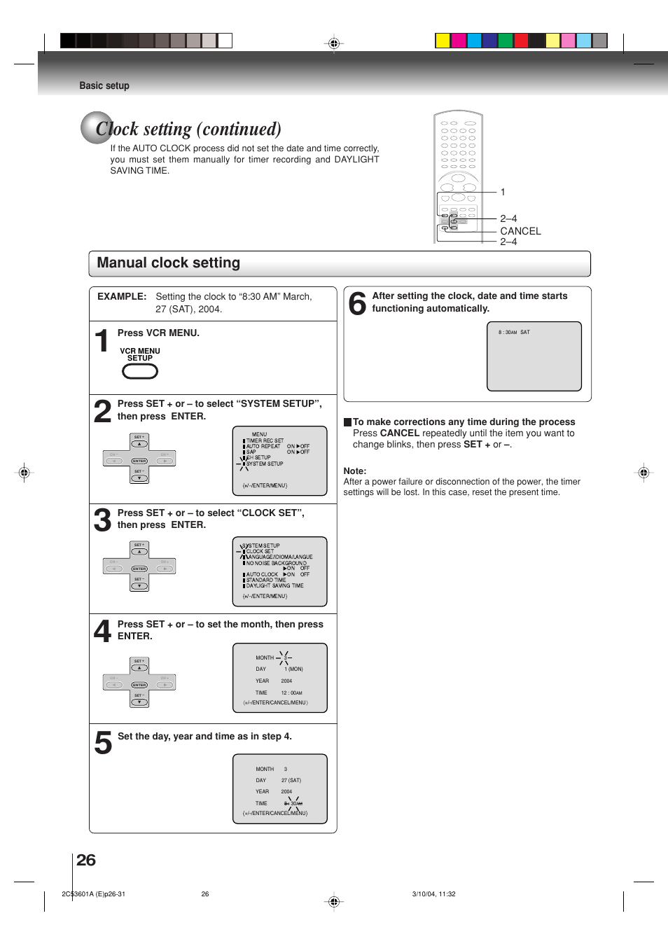 Clock setting (continued), Manual clock setting | Toshiba SD-V396SU User Manual | Page 26 / 80