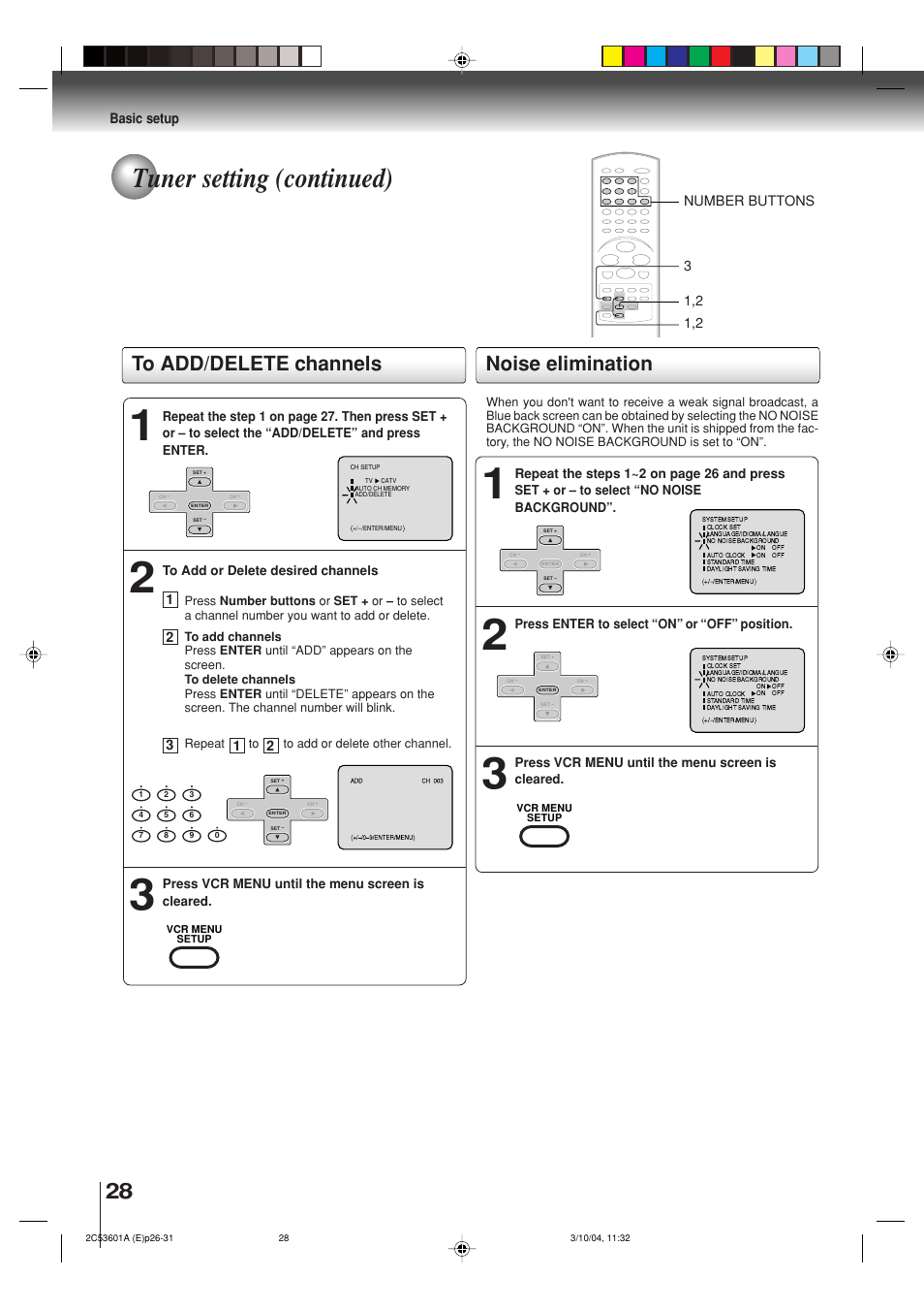 Tuner setting (continued), Noise elimination | Toshiba SD-V396SU User Manual | Page 28 / 80