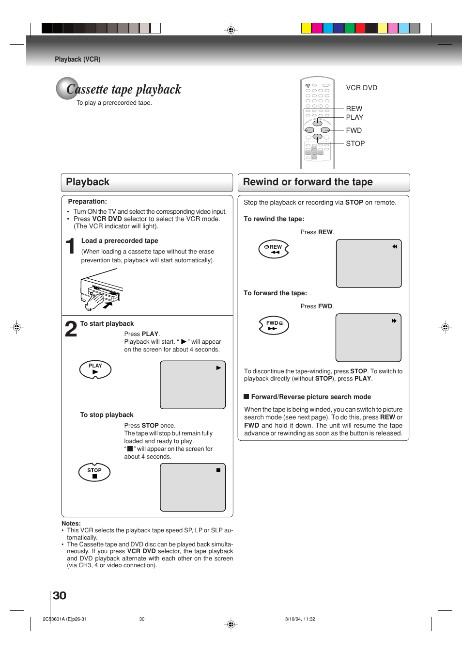 Cassette tape playback, Playback rewind or forward the tape | Toshiba SD-V396SU User Manual | Page 30 / 80