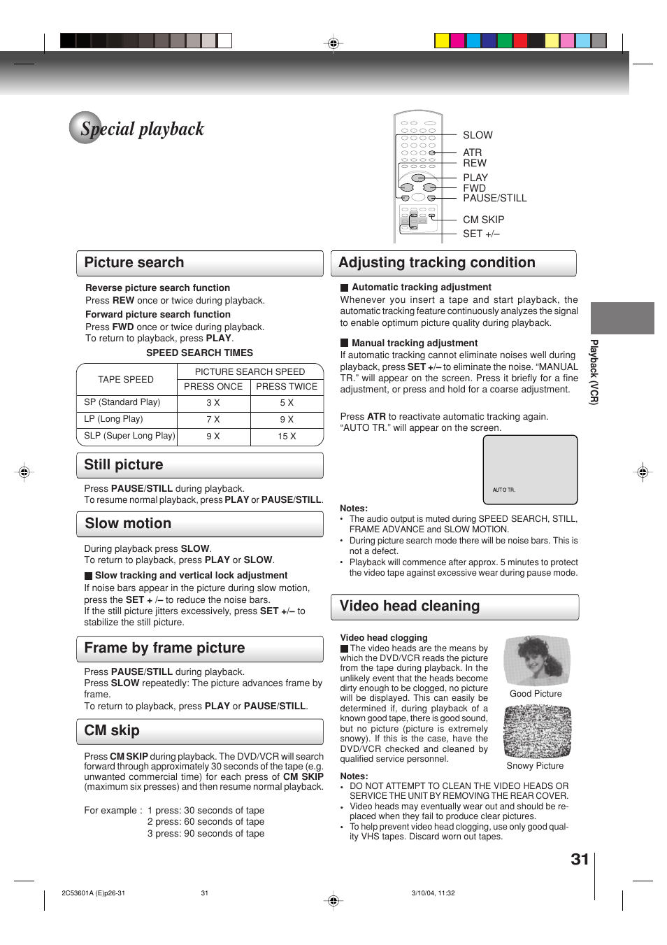 Special playback, Picture search, Video head cleaning | Cm skip | Toshiba SD-V396SU User Manual | Page 31 / 80