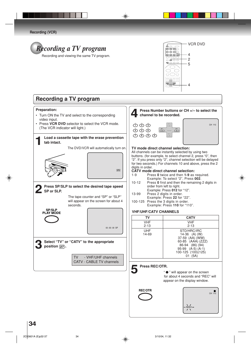 Recording a tv program | Toshiba SD-V396SU User Manual | Page 34 / 80