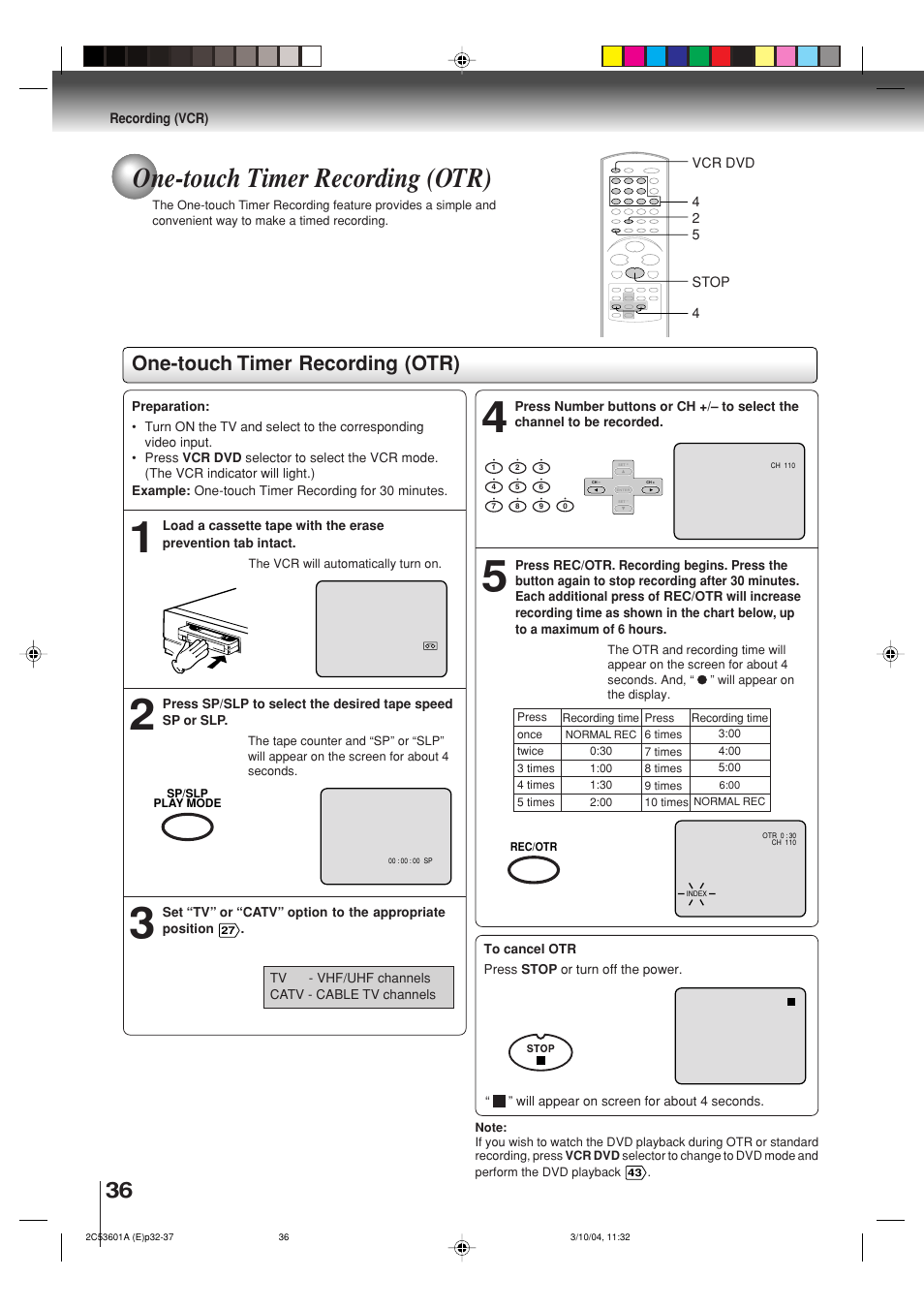 One-touch timer recording (otr) | Toshiba SD-V396SU User Manual | Page 36 / 80