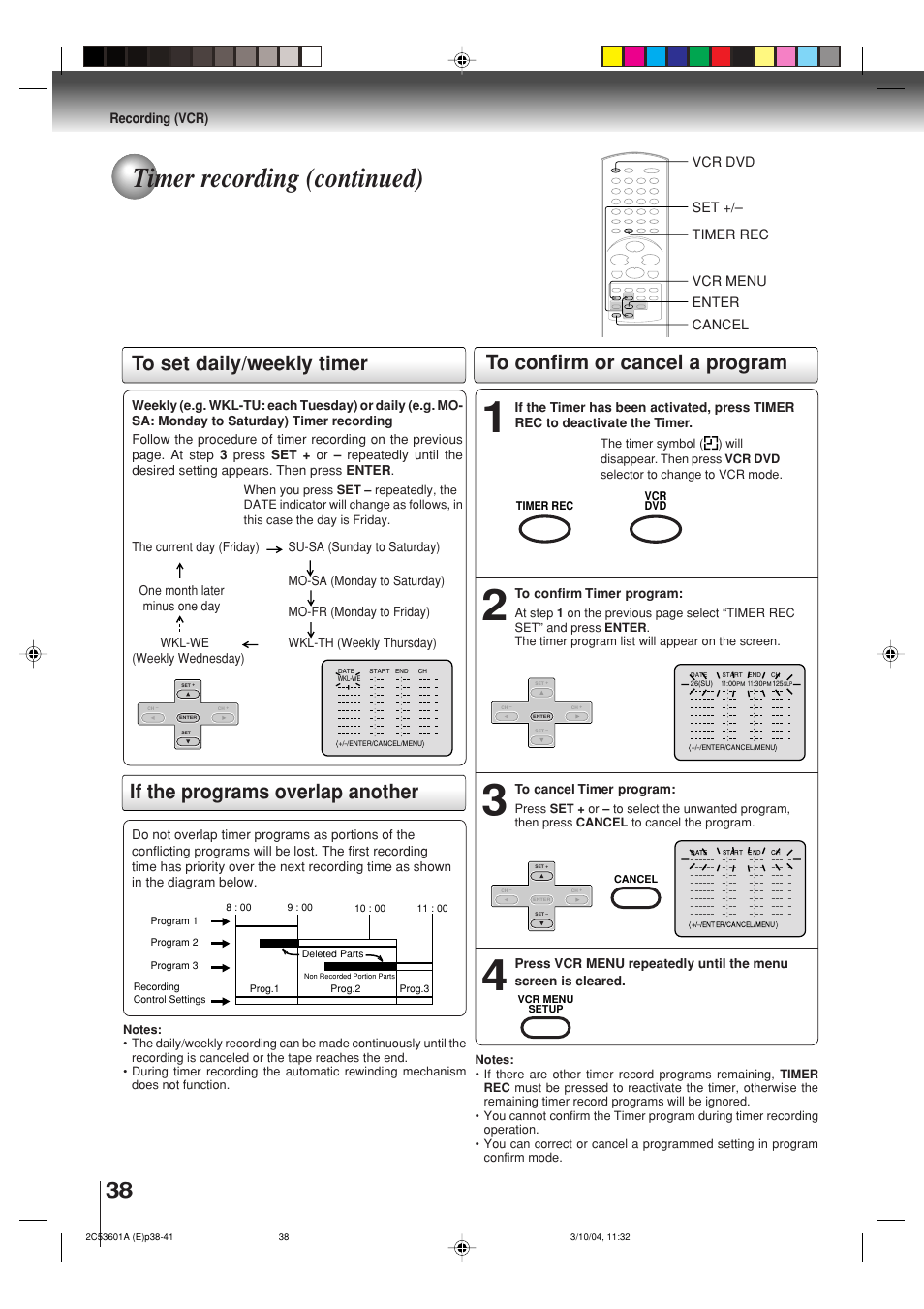 Timer recording (continued), Setting procedure to set daily/weekly timer, If the programs overlap another | Toshiba SD-V396SU User Manual | Page 38 / 80