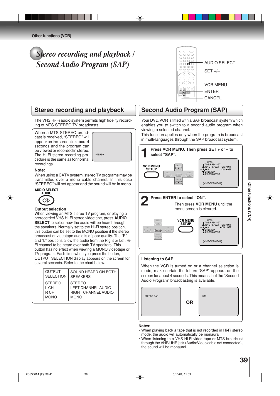 Stereo recording and playback, Second audio program (sap) | Toshiba SD-V396SU User Manual | Page 39 / 80