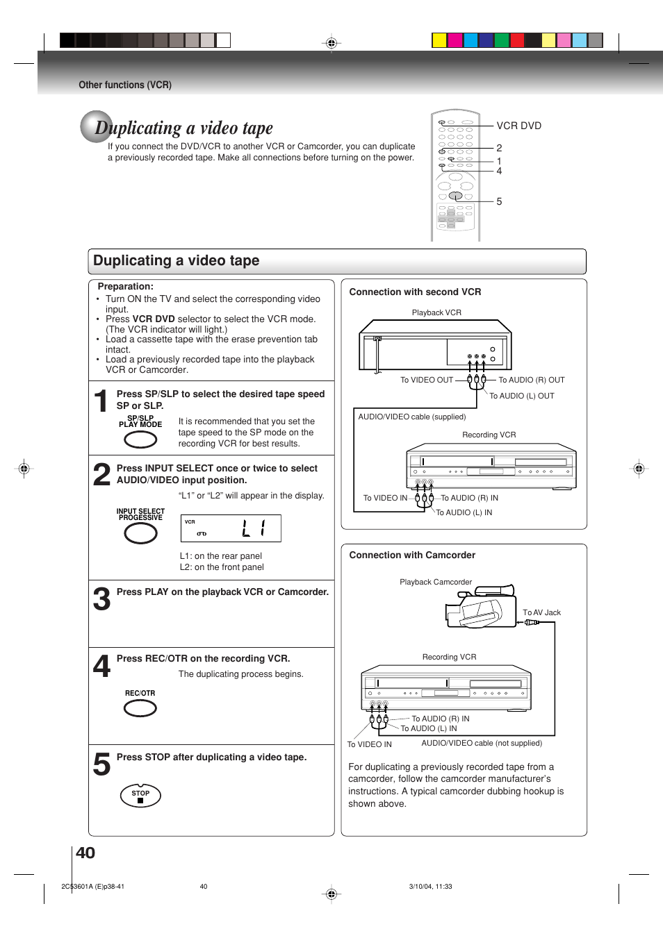 Duplicating a video tape | Toshiba SD-V396SU User Manual | Page 40 / 80